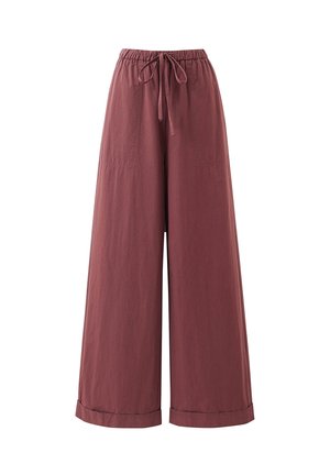 Pantalon taille haute à jambes larges de couleur mauve, doté d'une ceinture élastique, d'un cordon de serrage, de poches latérales et d'ourlets retournés.