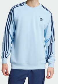 Ljusblå sweatshirt med marinblå ränder längs axlar och ärmar. Har rund halsringning samt ribbade muddar och fåll. Adidas-logotypen finns på.