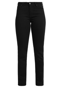 Pantalones vaqueros negros de denim con un ajuste slim, que cuentan con un diseño de cinco bolsillos, cierre de botón y detalles de costura sutiles.