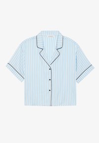 Short-sleeve pajama shirt in light blue with white stripes, black piping on collar and cuffs, featuring a button-down front and relaxed fit.