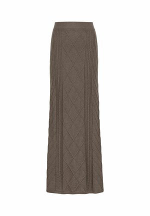 Gonna lunga taupe in maglia con motivi a rombi e a treccia, vita elastica e silhouette dritta.