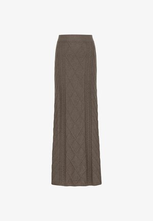 Taupe długa spódnica dzianinowa z wzorami w romby i w warkocz, z elastycznym paskiem w talii i prostym krojem.