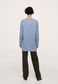 Pull bleu tricoté avec une texture côtelée, manches longues et coupe décontractée, associé à un pantalon large vert olive.