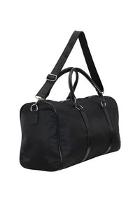Borsa a duffel nera in nylon con dettagli in pelle lucida, dotata di manici superiori doppi e una tracolla removibile per un trasporto versatile.