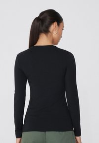 Černý top s dlouhým rukávem z měkkého materiálu, přiléhavý střih s kulatým výstřihem. Minimalistický styl bez viditelných vzorů nebo ozdob.