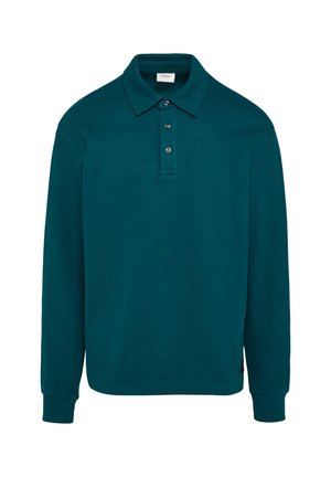 Polo à manches longues en teal, confectionné en coton doux. Il présente un col classique, une patte de boutonnage à trois boutons et des poignets côtelés.