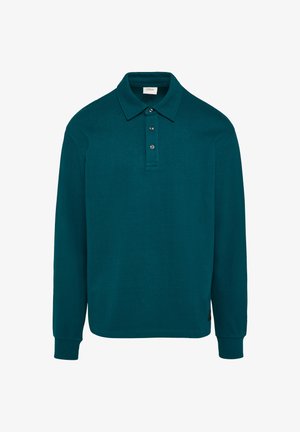 Langarm-Polohemd in Tealfarben, aus weichem Baumwollmaterial gefertigt. Mit einem klassischen Kragen, einer Knopfleiste mit drei Knöpfen und gerippten Bündchen.
