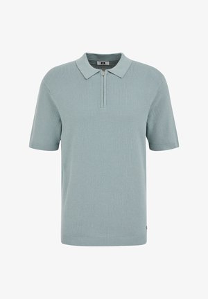 Krótki rękaw, jasnoniebieski dzianinowy polo z fakturowanym wzorem i przednim zamkiem pod kołnierzykiem.