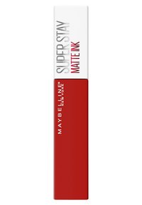 Maybelline Super Stay Matte Ink in un tubo rosso lucido con un tappo bianco, con testo in grassetto bianco su uno sfondo rosso brillante.