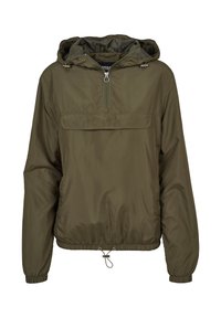 Olivengrønn vindjakke med hette, halv glidelås foran, elastiske mansjetter, lomme med klaff foran og justerbar snor i kanten.