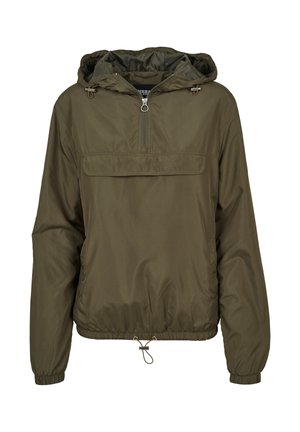 Vetrovka v olivovo zelenej farbe s kapucňou, polovičný zips vpredu, elastické manžety, predný štítkový vrecko a nastaviteľný lem so sťahovacou šnúrkou.
