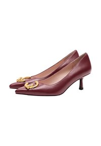 Décolleté in pelle bordeaux con design a punta, caratterizzati da un dettaglio con catena dorata sulla tomaia e un piccolo tacco nero. Texture liscia.