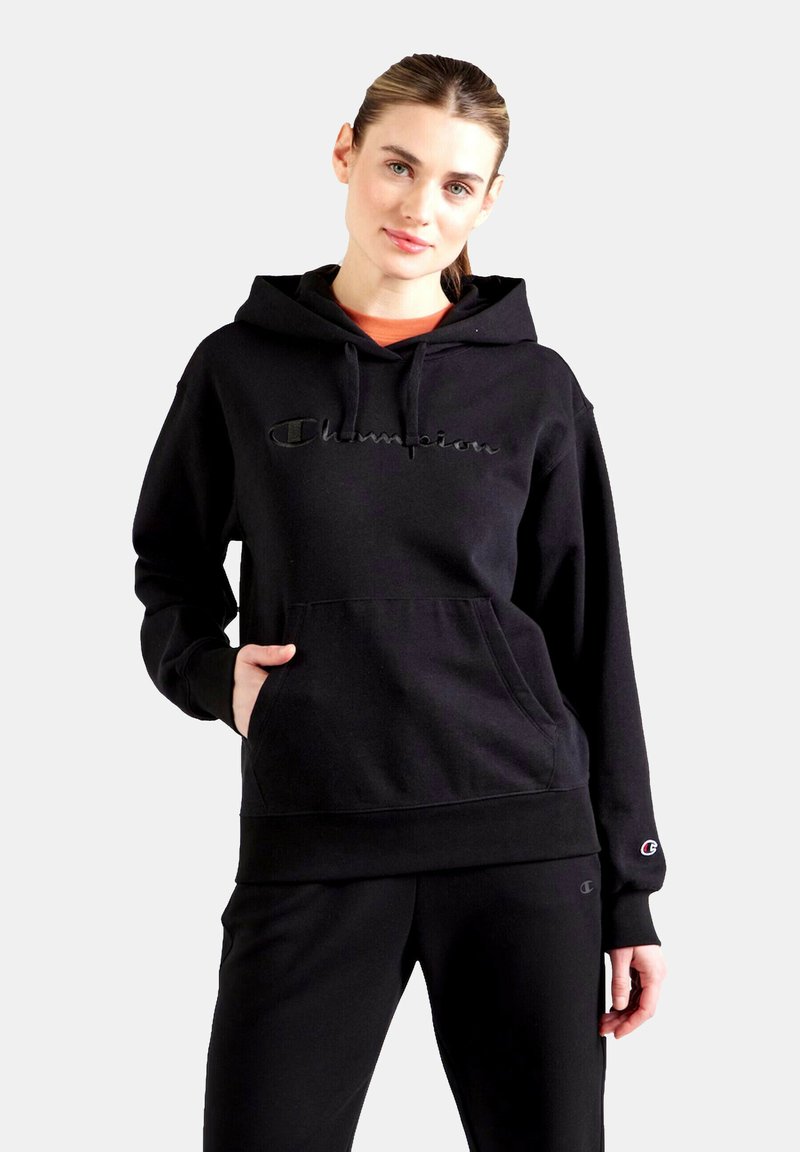 Black hooded sweatshirt made of cotton-blend fabric, featuring a front pocket, embroidered logo, and ribbed cuffs and hem.