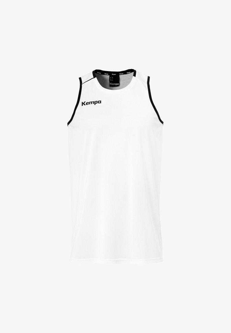 Top atletico bianco senza maniche realizzato in tessuto liscio, con dettagli neri sulle spalle e un logo sul davanti.