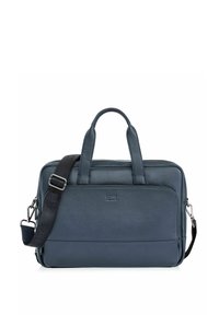 Ciemnoniebieska skórzana teczka z dwiema górnymi uchwytami i odpinanym paskiem na ramię. Gładka faktura z przednią kieszenią na zamek błyskawiczny i wytłoczonym logo.