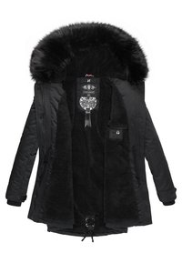 Parka nera con cappuccio in pelliccia sintetica, fodera morbida e spessa, tasche frontali e orlo con cordino. Presenta un'etichetta decorativa all'interno.