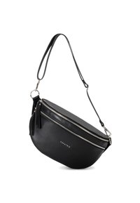 Black leather crossbody bag with two silver zippers, a curved shape, and a tassel detail. Features a slim strap with a clasp.