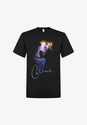 Černé bavlněné tričko s grafikou siluety se vztyčenýma rukama, jiskřičkami a jménem "Celine" v světle modré kurzívě.
