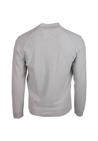 Sweat-shirt gris, col rond, manches raglan, poignets et ourlet côtelés, texture douce, design minimaliste sans marquage ni motif visible.