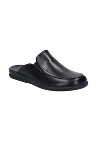 Black leather mule with a rounded toe, smooth texture, and a low-profile rubber sole. Minimalistic design with no hardware or accents.