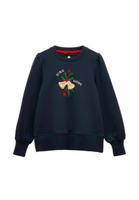 Tumši zils sporta krekls ar garām pūkainām piedurknēm, ar izšuvumu zvanu attēlā un mežģīņu dizainu ar vārdiem "DING DONG". Mīksts materiāls.