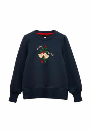 Navy blue sweatshirt with long puff sleeves, featuring an embroidered design of bells with holly and the words "DING DONG." Soft material.