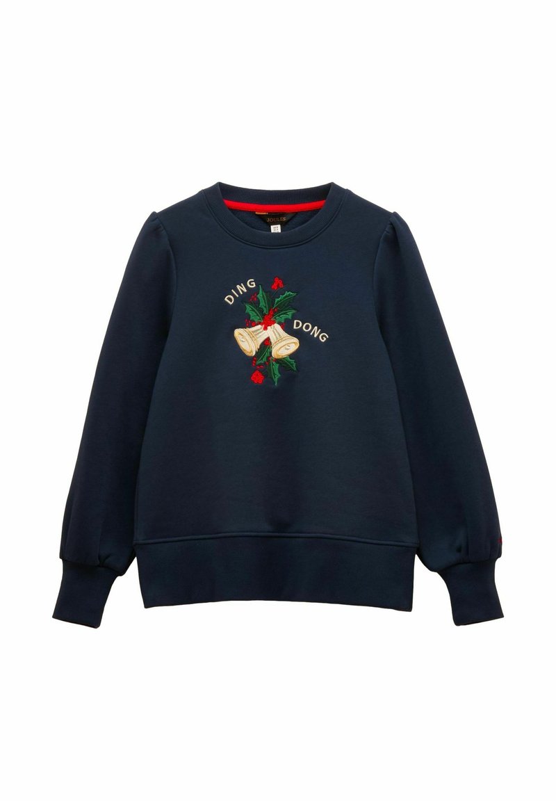 Tumši zils sporta krekls ar garām pūkainām piedurknēm, ar izšuvumu zvanu attēlā un mežģīņu dizainu ar vārdiem "DING DONG". Mīksts materiāls.