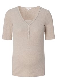 Beige geripptes Schwangerschaftsoberteil mit kurzen Ärmeln, V-Ausschnitt, Drei-Knopf-Leiste und taillierter Form.