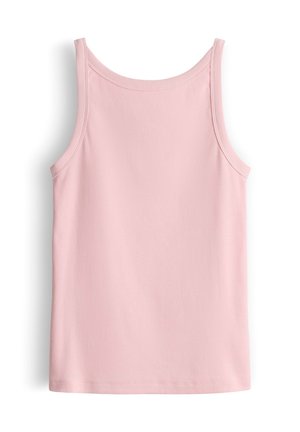 Canotta senza maniche rosa chiaro a coste con scollatura a girocollo, mostrata distesa su sfondo bianco.