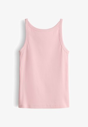 Débardeur côtelé rose clair sans manches avec encolure dégagée, présenté à plat sur fond blanc.
