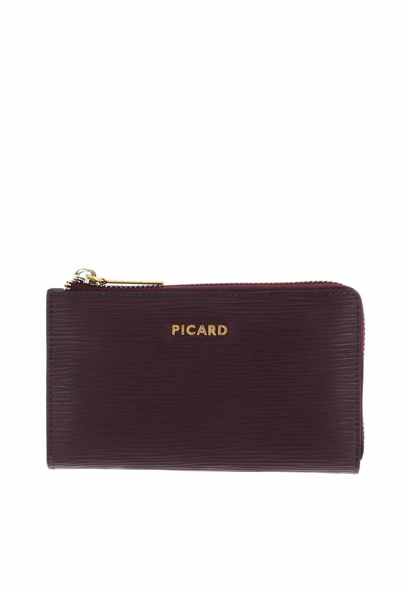 Portefeuille en cuir bourgogne avec surface texturée, logo doré "PICARD" et fermeture éclair. Forme rectangulaire compacte aux bords lisses.