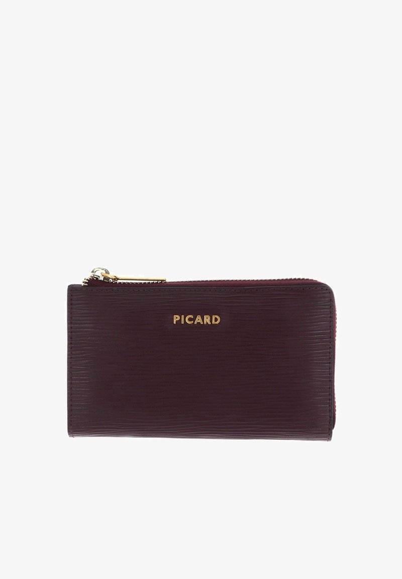 Portefeuille en cuir bourgogne avec surface texturée, logo doré "PICARD" et fermeture éclair. Forme rectangulaire compacte aux bords lisses.