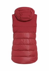 Rote gepolsterte Weste mit Kapuze. Sie verfügt über ein gestepptes Design, eine glatte Textur und einen leicht abgerundeten Saum. Die Rückansicht zeigt keine weiteren Details.