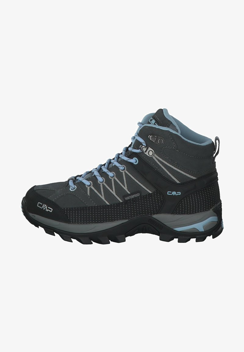 Grau wasserfeste Wanderschuhe mit blauen Akzenten, strukturiertem Obermaterial, Schnürsystem und robustem Laufsohle für Traktion. Auffällige Logo- und Designdetails.