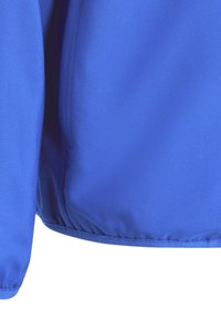 Blauwe lichtgewicht jacketstof met een gladde textuur. Heeft elastische manchetten en een zoom voor een aansluitende uitstraling. Eenvoudig, functioneel ontwerp.