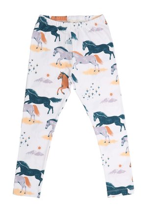 Leggings mit einem weißen Grund und einem mehrfarbigen Pferdemuster, flachem Taillenbund und weichem Stoff. Akzente sind Wolken und Sonnen.