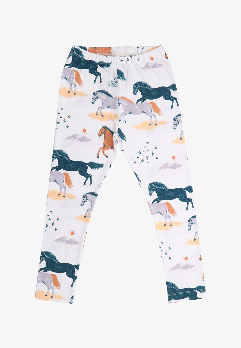Leggings mit einem weißen Grund und einem mehrfarbigen Pferdemuster, flachem Taillenbund und weichem Stoff. Akzente sind Wolken und Sonnen.