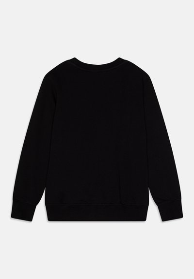 Juodas džemperis ilgomis rankovėmis, su raštuotu kaklu ir rankogaliais, minkšta medžiaga ir paprastas dizainas. Be spaudinių ar papildomų detalių.