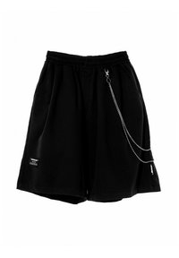 Pantalones cortos negros hechos de una tela suave, con una cintura elástica, dos bolsillos laterales y un detalle decorativo de cadena plateada en el lateral.