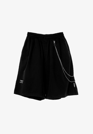 Pantalones cortos negros hechos de una tela suave, con una cintura elástica, dos bolsillos laterales y un detalle decorativo de cadena plateada en el lateral.