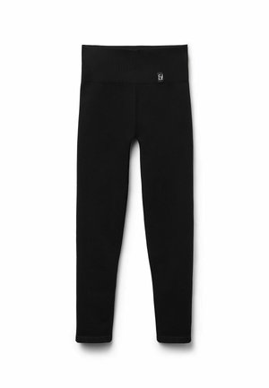 Schwarze Leggings aus einem dehnbaren Stoff, mit einem breiten Bund und taillierter Passform, ohne sichtbare Muster oder Akzente.