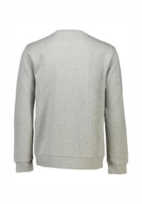 Pullover grigio in pile, con scollatura a girocollo, maniche lunghe, polsini e orlo a costine, texture liscia, senza loghi o motivi visibili sul retro.