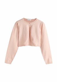 Różowy krótki kardigan wykonany z miękkiego materiału, z długimi rękawami, falbaniastymi brzegami oraz pojedynczym zapięciem na guzik z przodu.