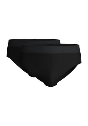 Twee zwarte herenslips met elastische taillebanden, naast elkaar weergegeven op een witte achtergrond.