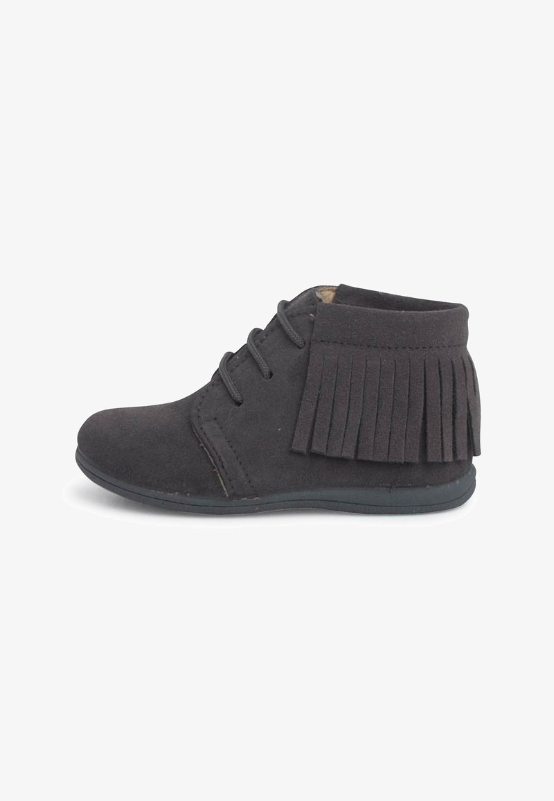 Black suede ankle boots with fringe detail, round toe, and lace-up closure. Soft texture and flexible sole for comfort.