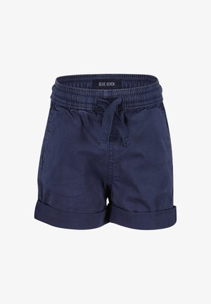 Shorts en coton bleu marine avec une taille élastique, un cordon de serrage réglable et des manches roulées. L'étiquette sur la taille indique "BLUE SEVEN."