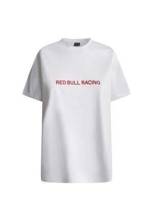 White short-sleeve T-shirt with "RED BULL RACING" printed in red letters centered on the front.