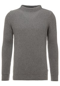 Grauer gerippter Strickpullover mit Rundhalsausschnitt, langen Ärmeln und strukturierter Oberfläche. Hat eine enganliegende Passform und einen Saum, der auf der Taille endet.