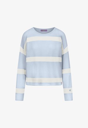 Lichtblauwe trui met lange mouwen en brede witte horizontale strepen over de borst, mouwen en zoom, met een klein hartendetail op de manchet.