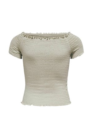 Top crop bej deschis, cu mâneci scurte smocate, decolteu pătrat și margini cu volănașe la mâneci și tiv.